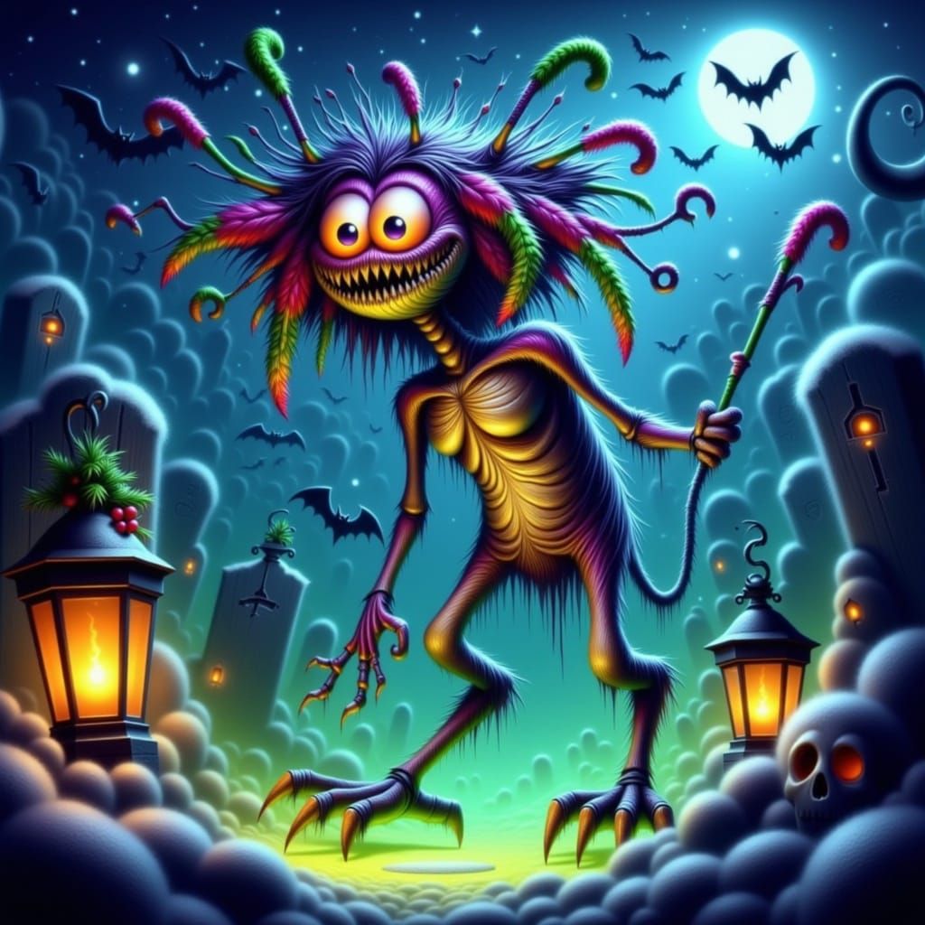 Halloween Christmas Hybrid Creature in Snowy Graveyard