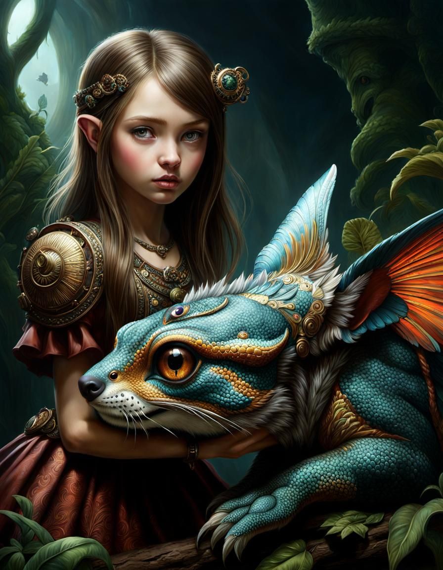 Surreal Girl with Pet Creature: Digital Art