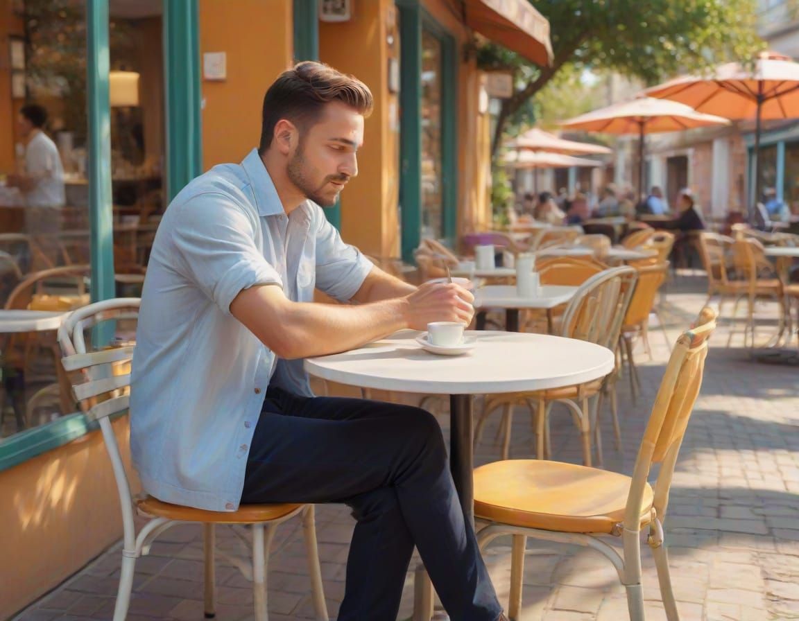 Man Enjoying Coffee in Impressionist Cafe