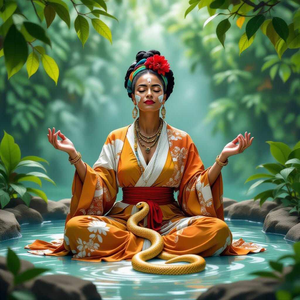 Meditating African Woman with Snake, in Earthy Style