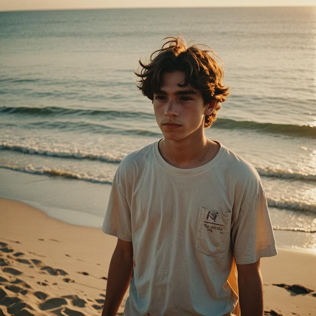 Melancholic Teenager Gazing at Sunset Horizon in Golden Hour