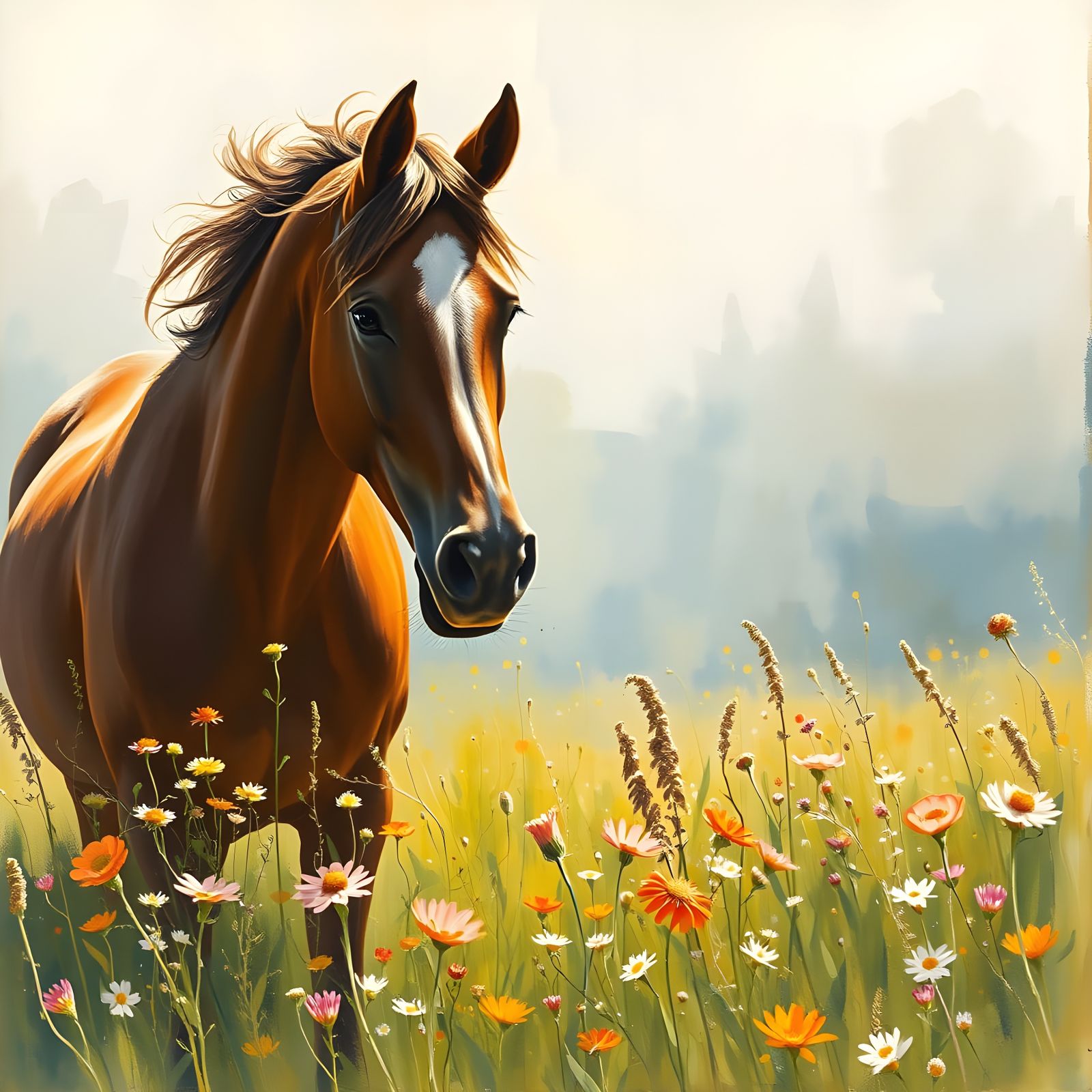 Epic Gouache Masterpiece of a Majestic Brown Horse