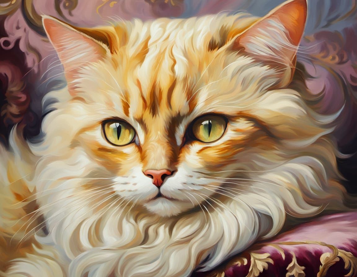 Cat on Velvet Cushion in Rococo Art Style