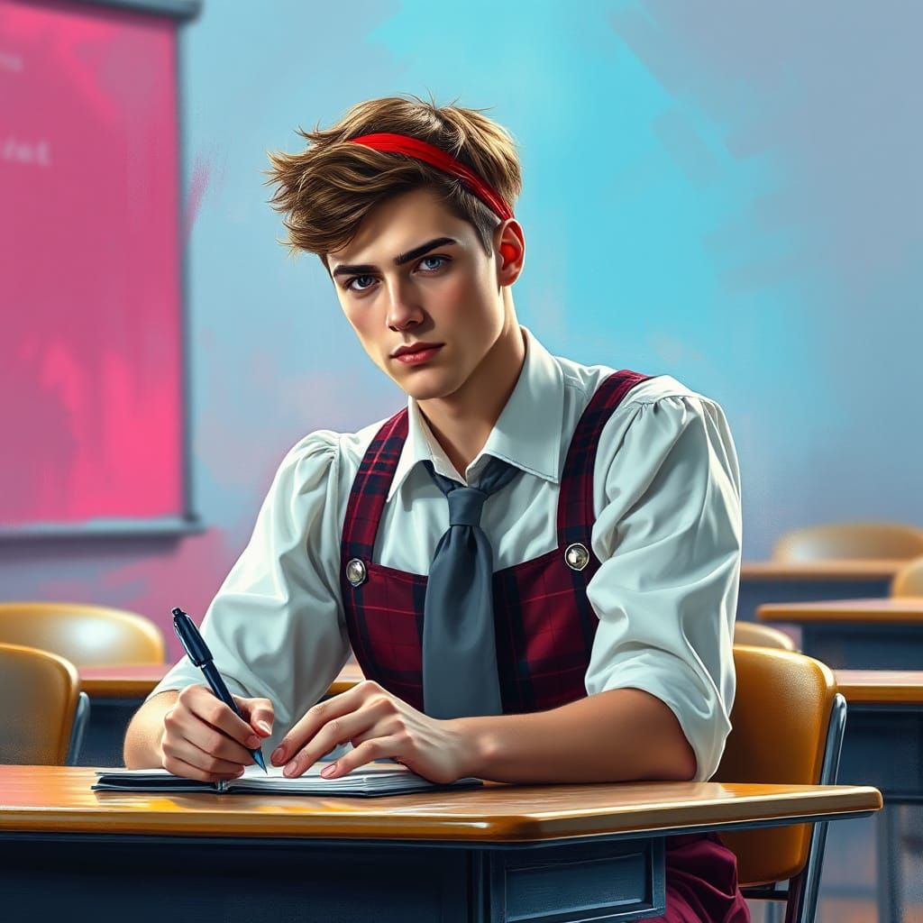 Hyperrealistic Portrait of a 19-Year-Old Man in a Schoolgirl...