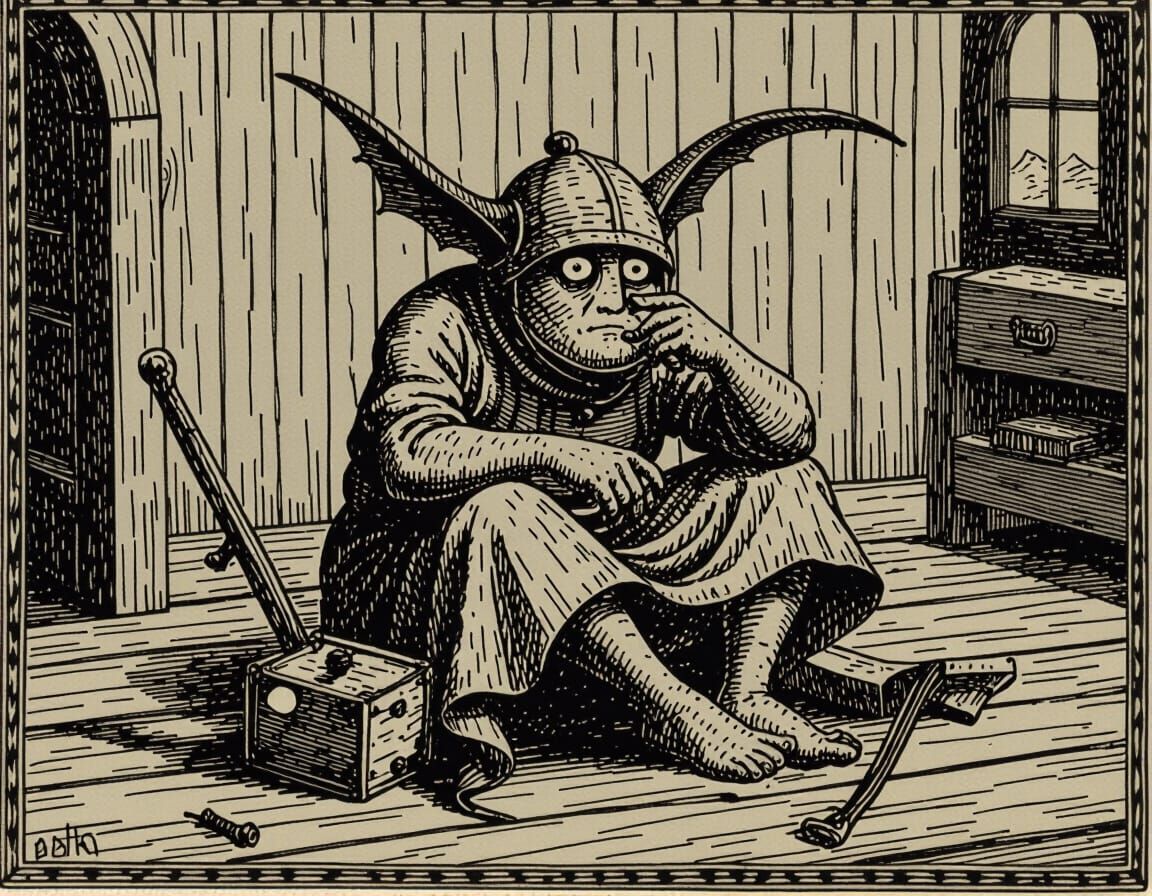 Gorey-Inspired Characters in Escher-like Landscape