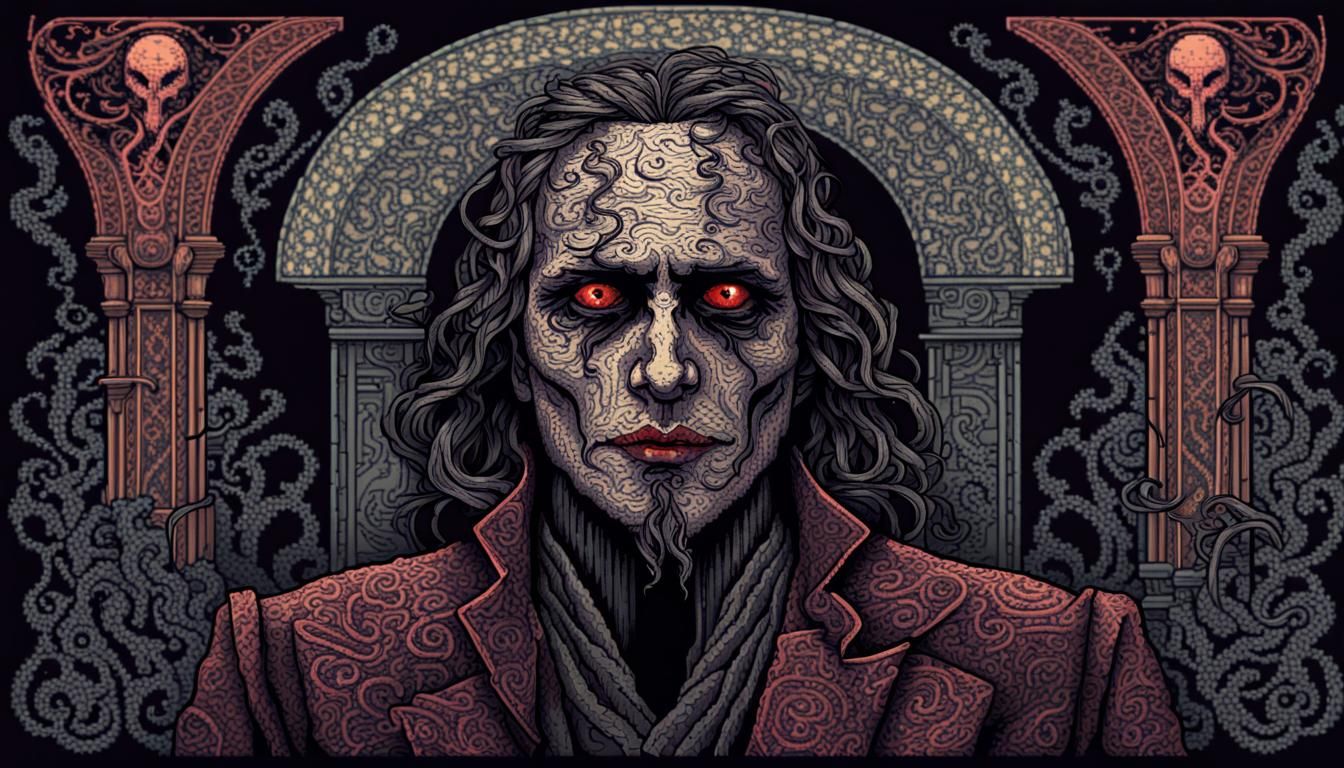 Eerie Pixel Art Anarchist with Fractal Patterns