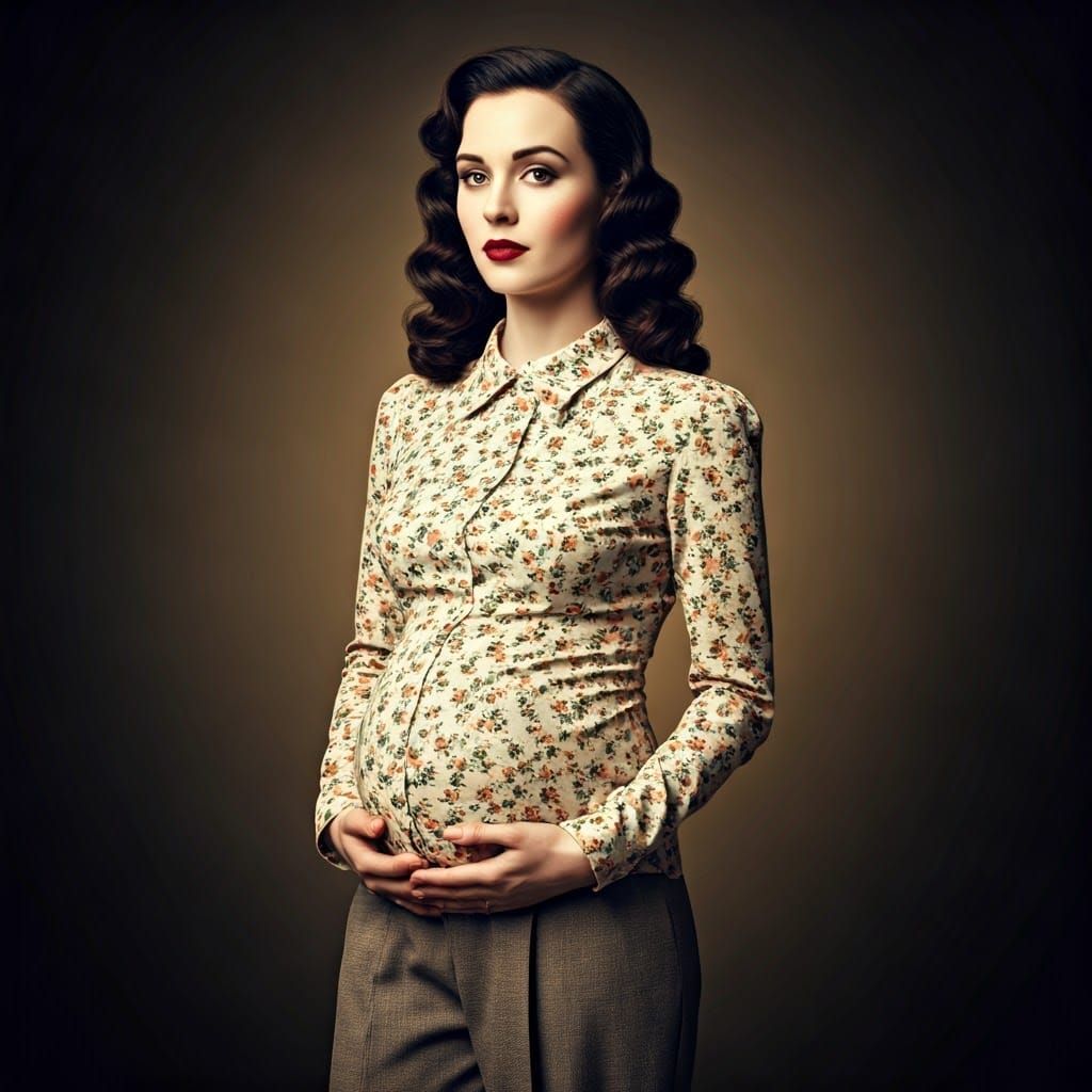 Vintage Portrait of Pregnant Woman in 1940s Fashion