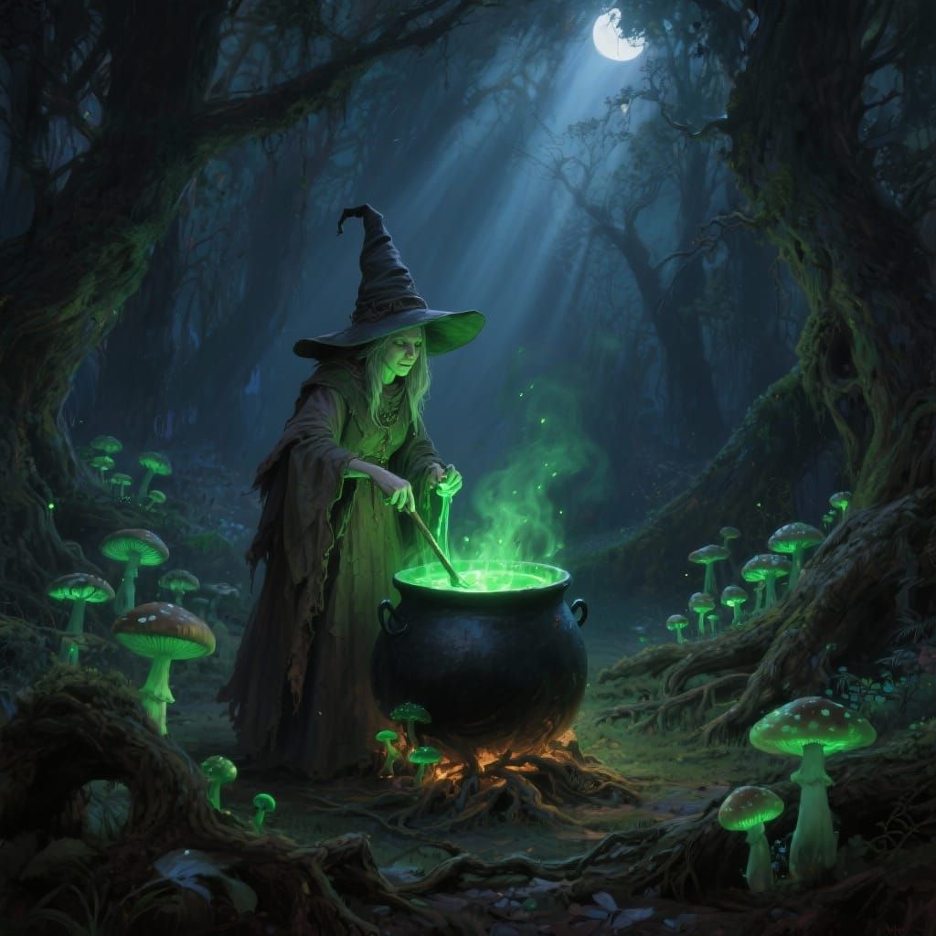 Whimsical Witch in Enchanted Forest with Glowing Mushrooms