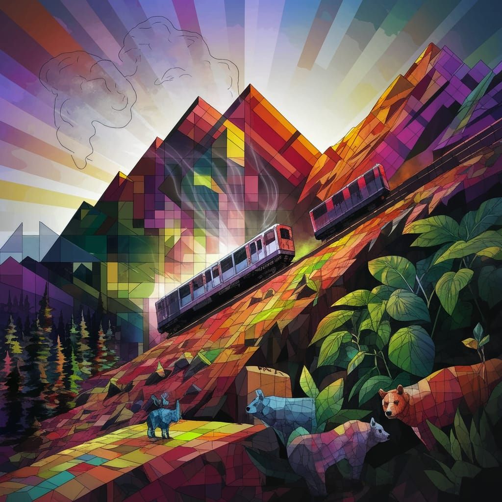 Cubist Watercolor Mountain Railway in Vibrant Squares