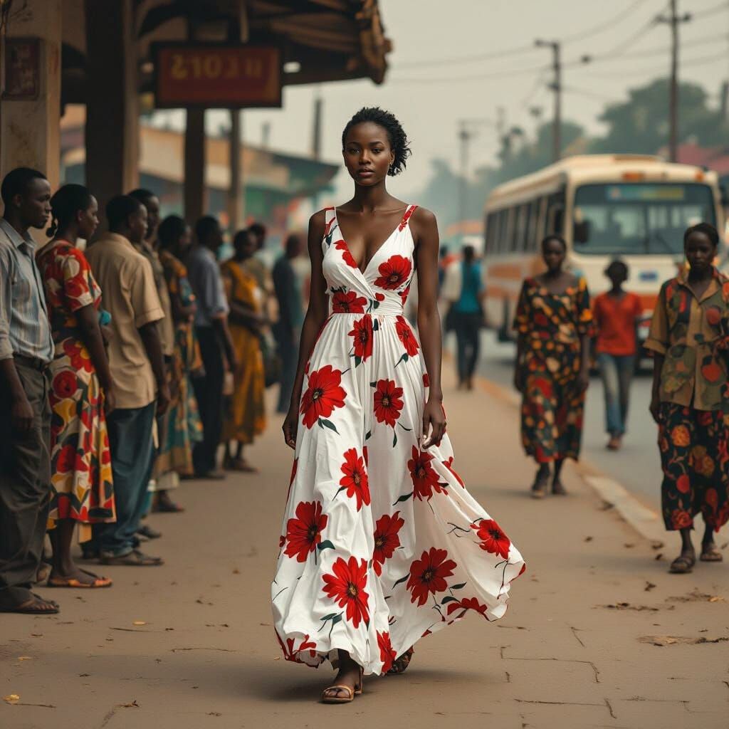 African Woman Walking to Bus Station in Somber Cityscape