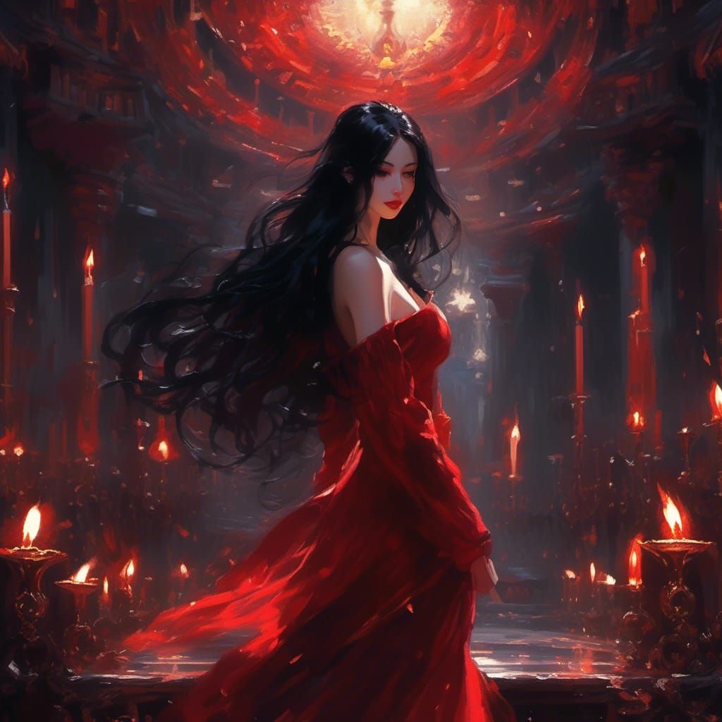 Dark Femme Fatale in Noir Anime Oil Painting