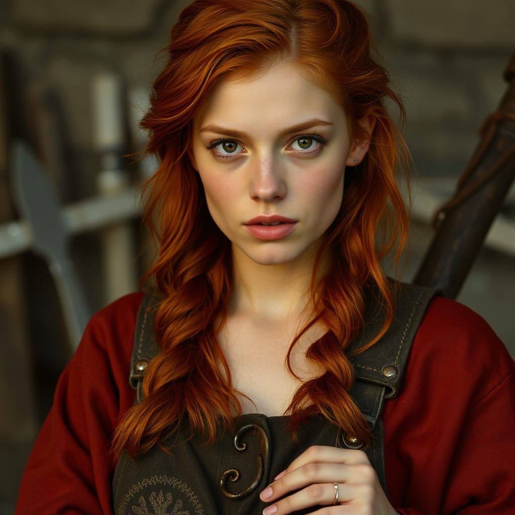 Intense Red-Haired Blacksmith at Forge