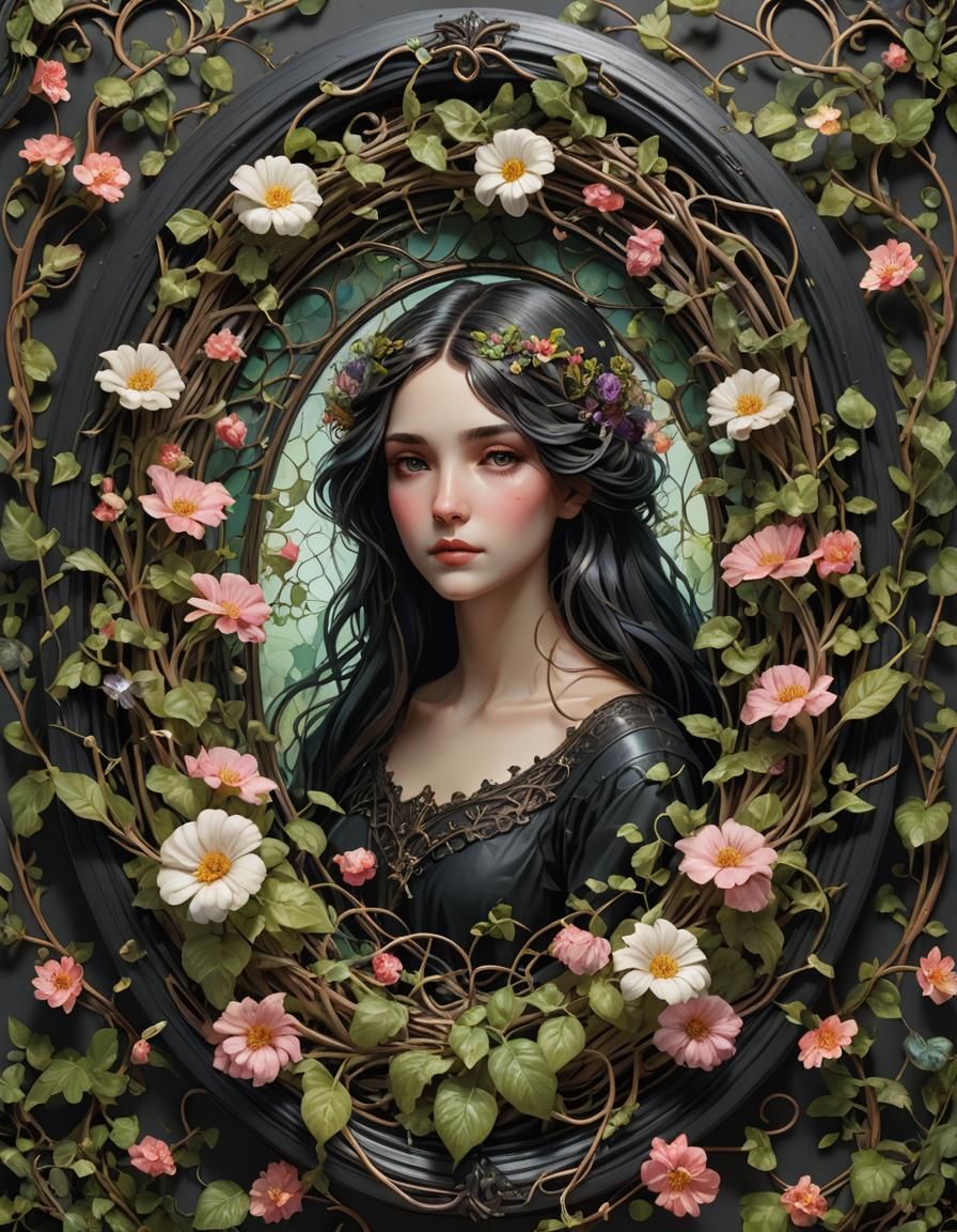 Szobal Flower Vines Portrait in Gothic Frame
