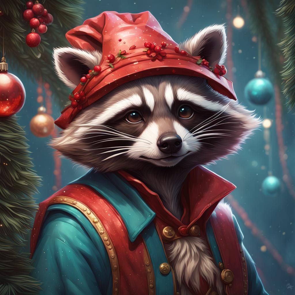 Festive Raccoon Portrait in Digital Art Style