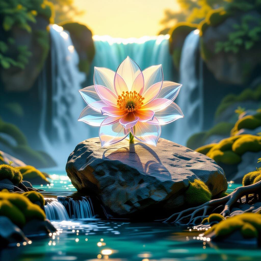 Transparent Flower Sculpture Near Waterfall in Fantasy Conce...