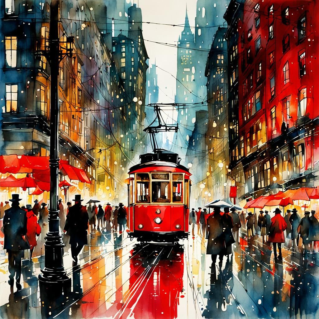 Colorful Urban Street Scene in Watercolor Style