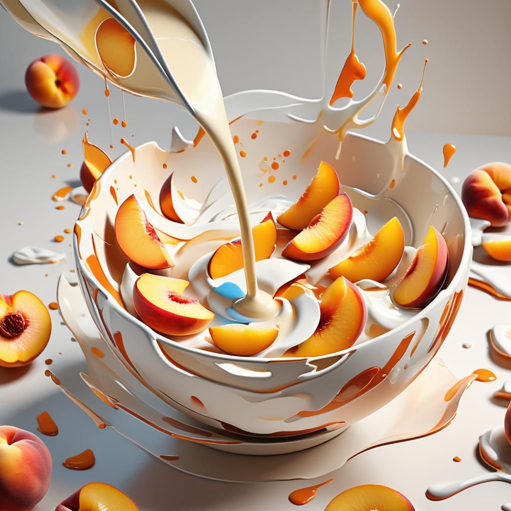 Cream Pouring Over Peaches in Abstract 3D Art