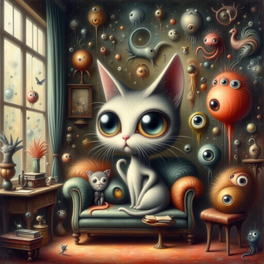 Whimsical Portrait of Cat in Distorted Living Room