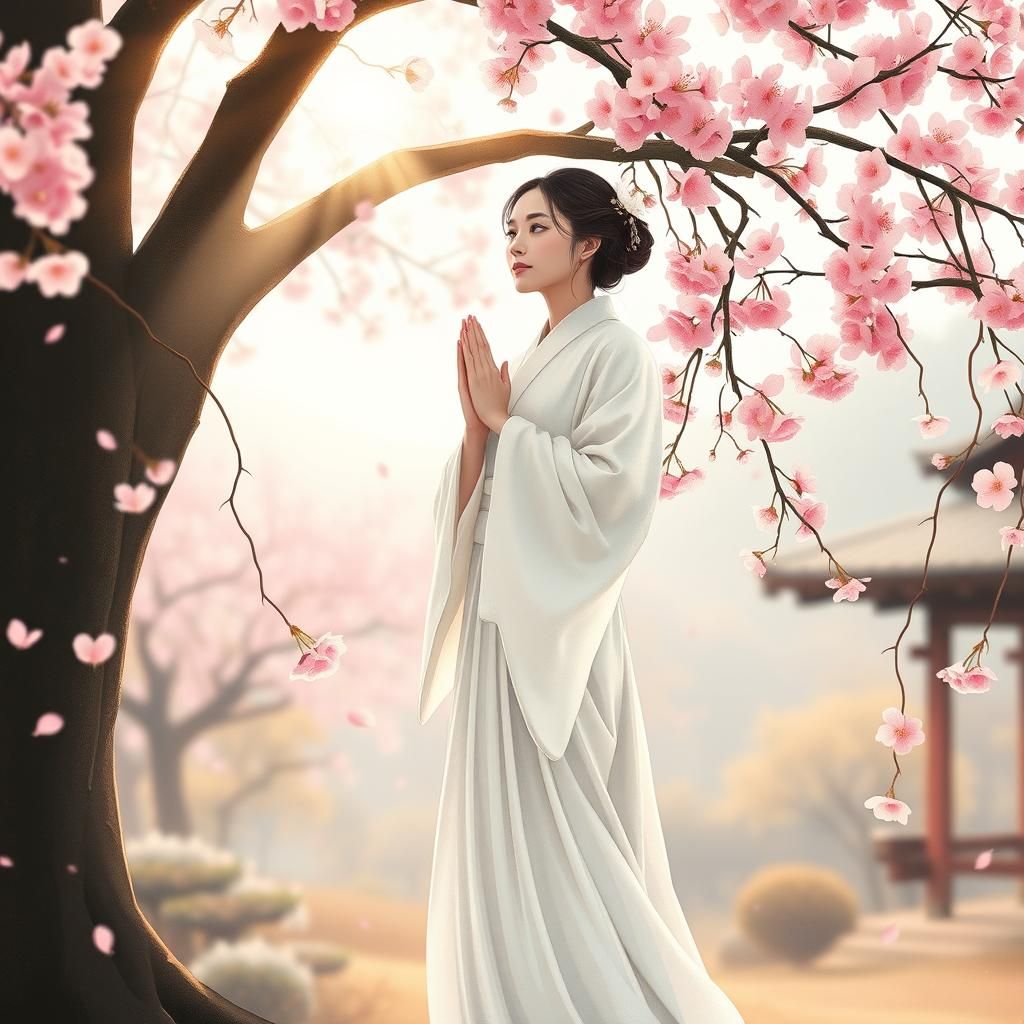 Japanese Woman Under Cherry Blossoms in Watercolor Style
