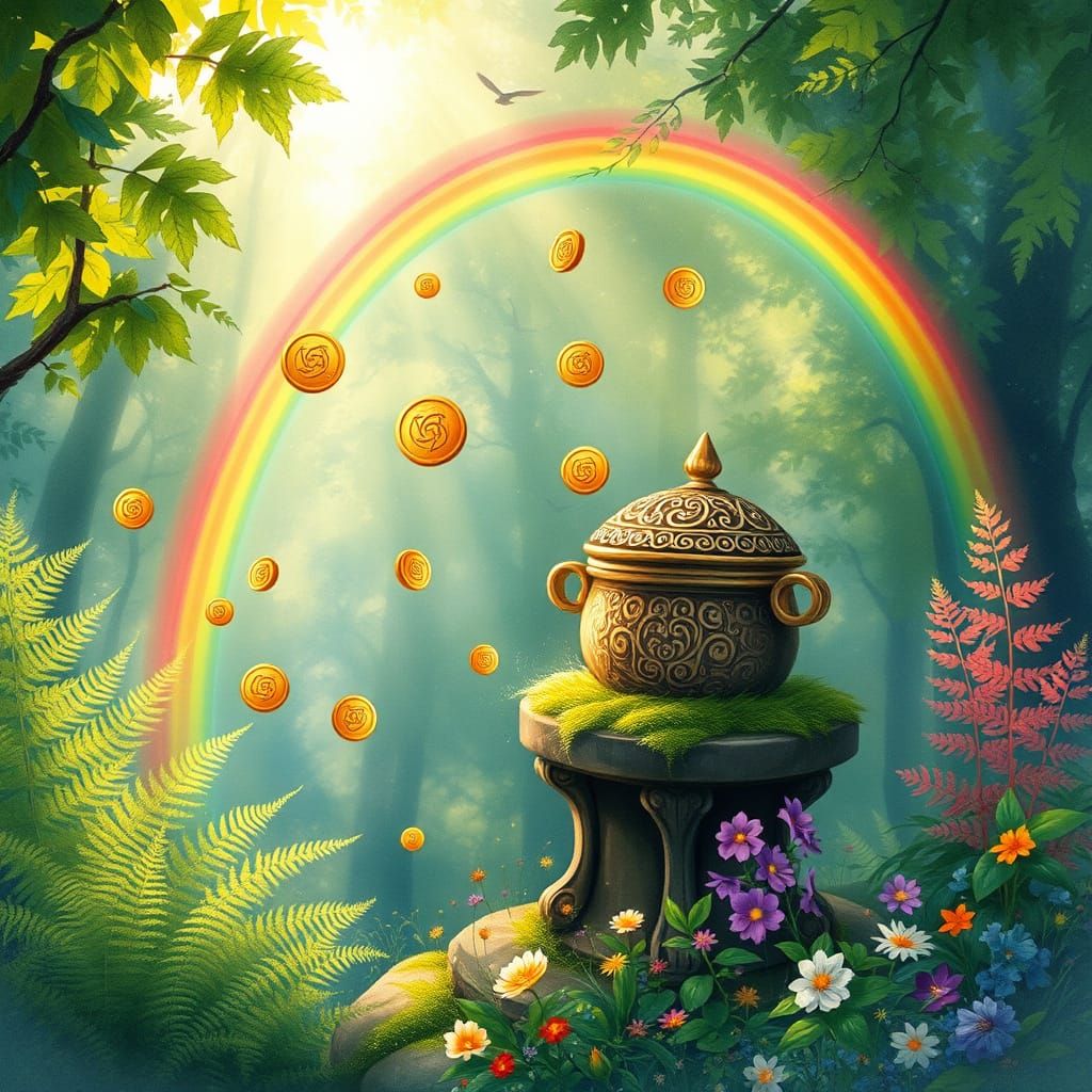 Whimsical Celtic Fantasy Landscape with Rainbow and Pot of G...
