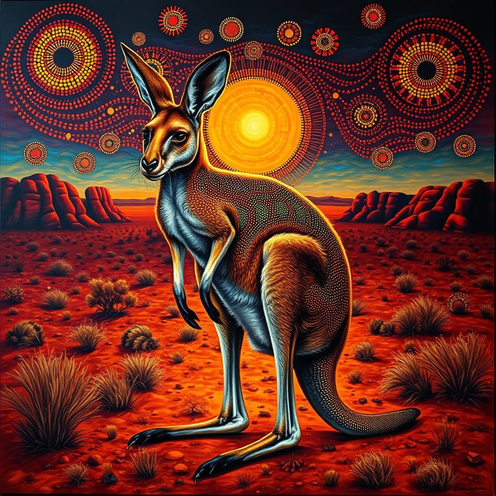 Surreal Aboriginal Landscape with Radiant Kangaroo