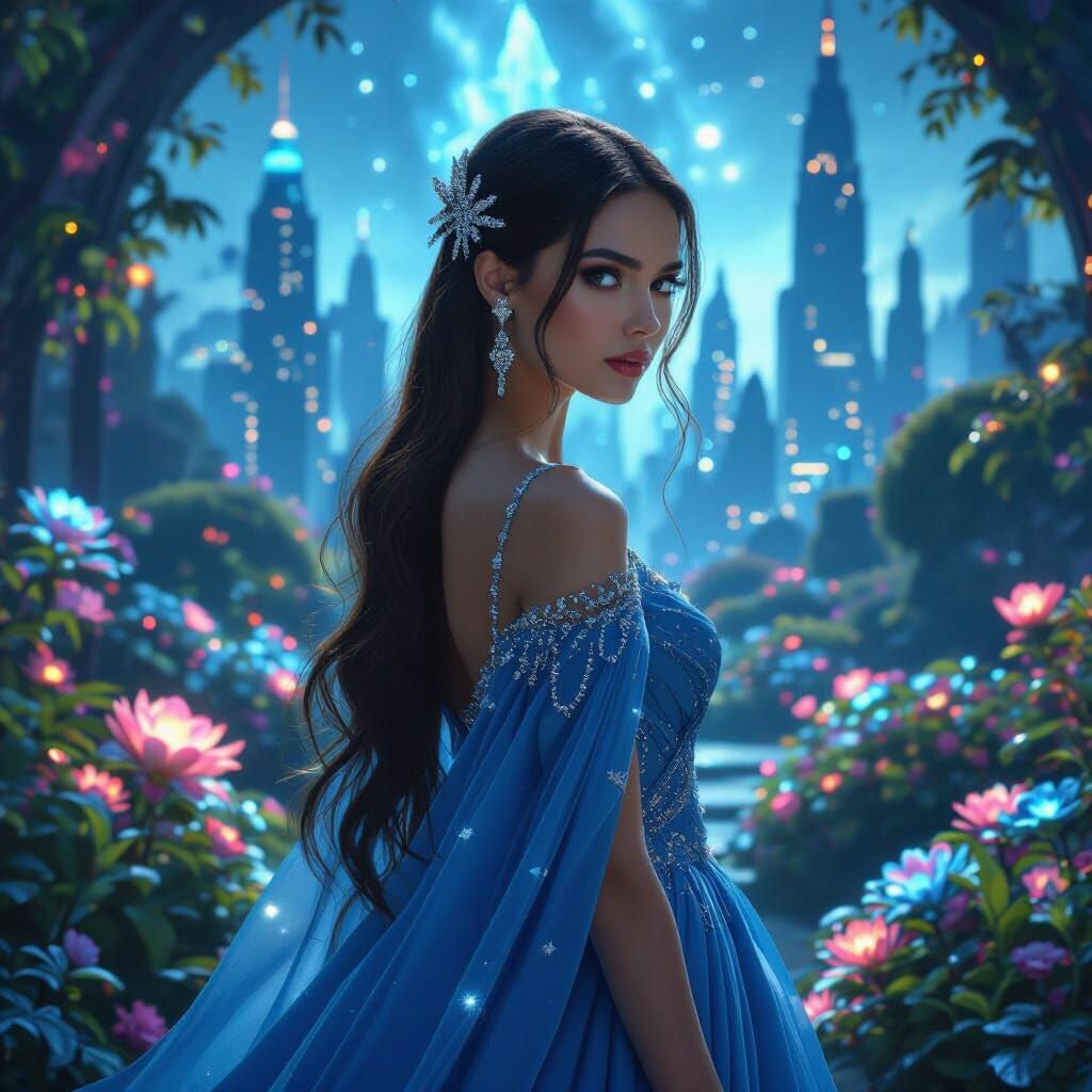 Elegant Lady in Bioluminescent Garden, Art Nouveau Style