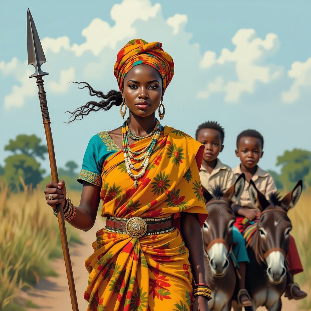 African Queen Leading Guards with Spear in Vibrant Colors