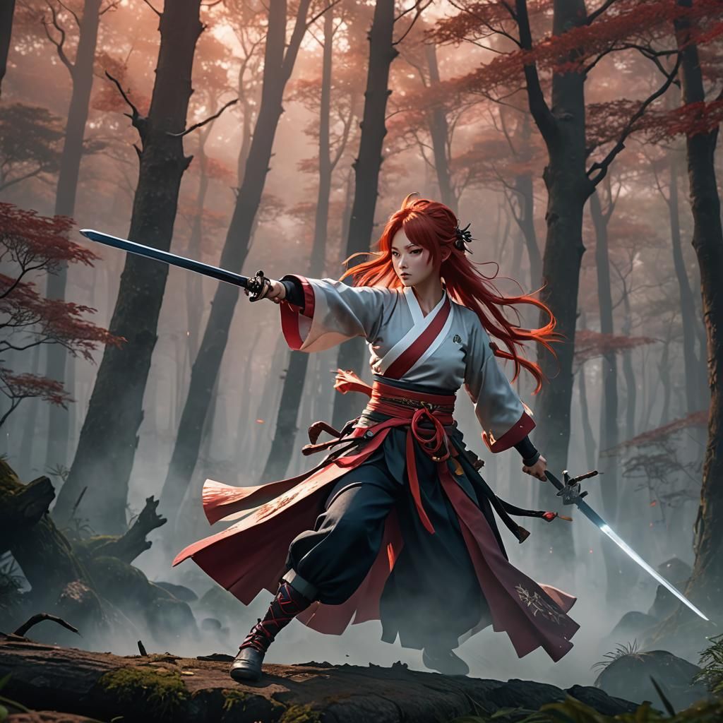 Anime Girl Defends Against Sword Attack in Misty Forest