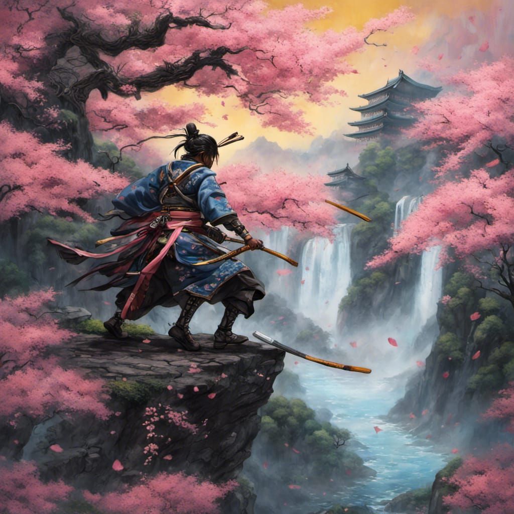 Samurai and Dragon in Colorful Japanese Landscape