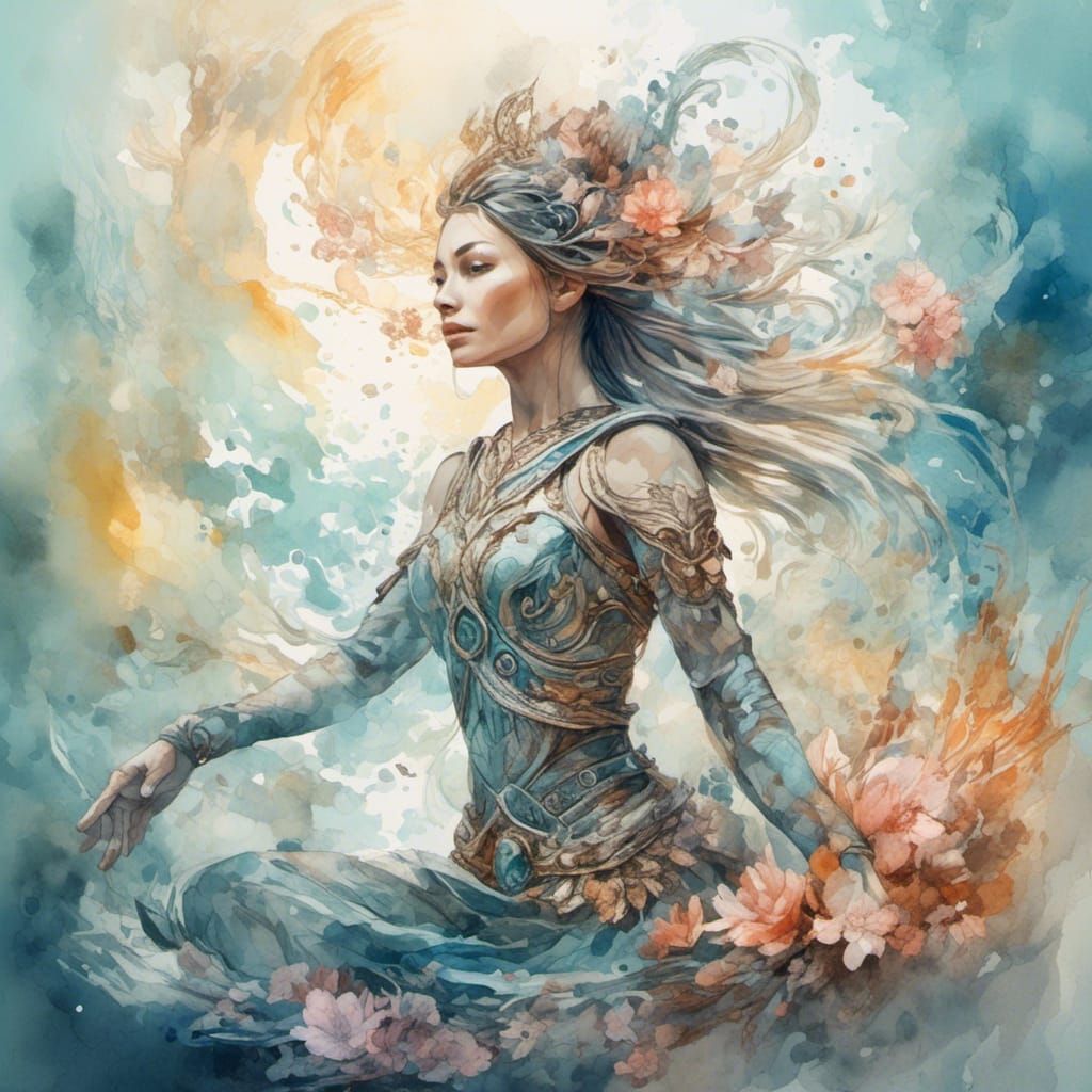 Fantasy Warrior in Yoga Pose Watercolor Illustration