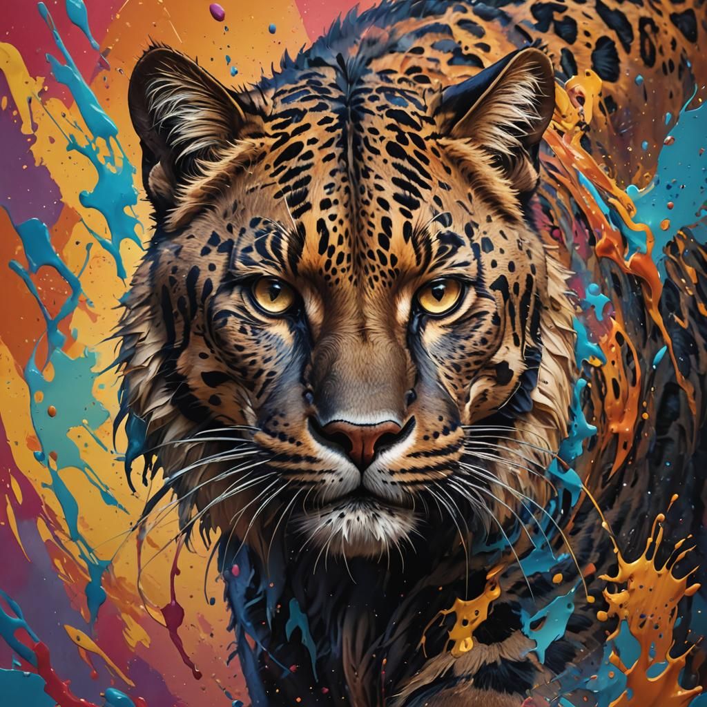 Feline-Panther Hybrid Creature in Hyperrealistic Splash Art