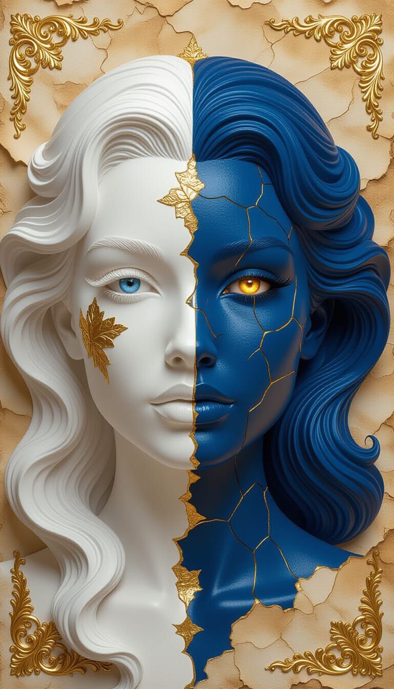 Dual Portrait: Woman with Alabaster and Ceramic Skin