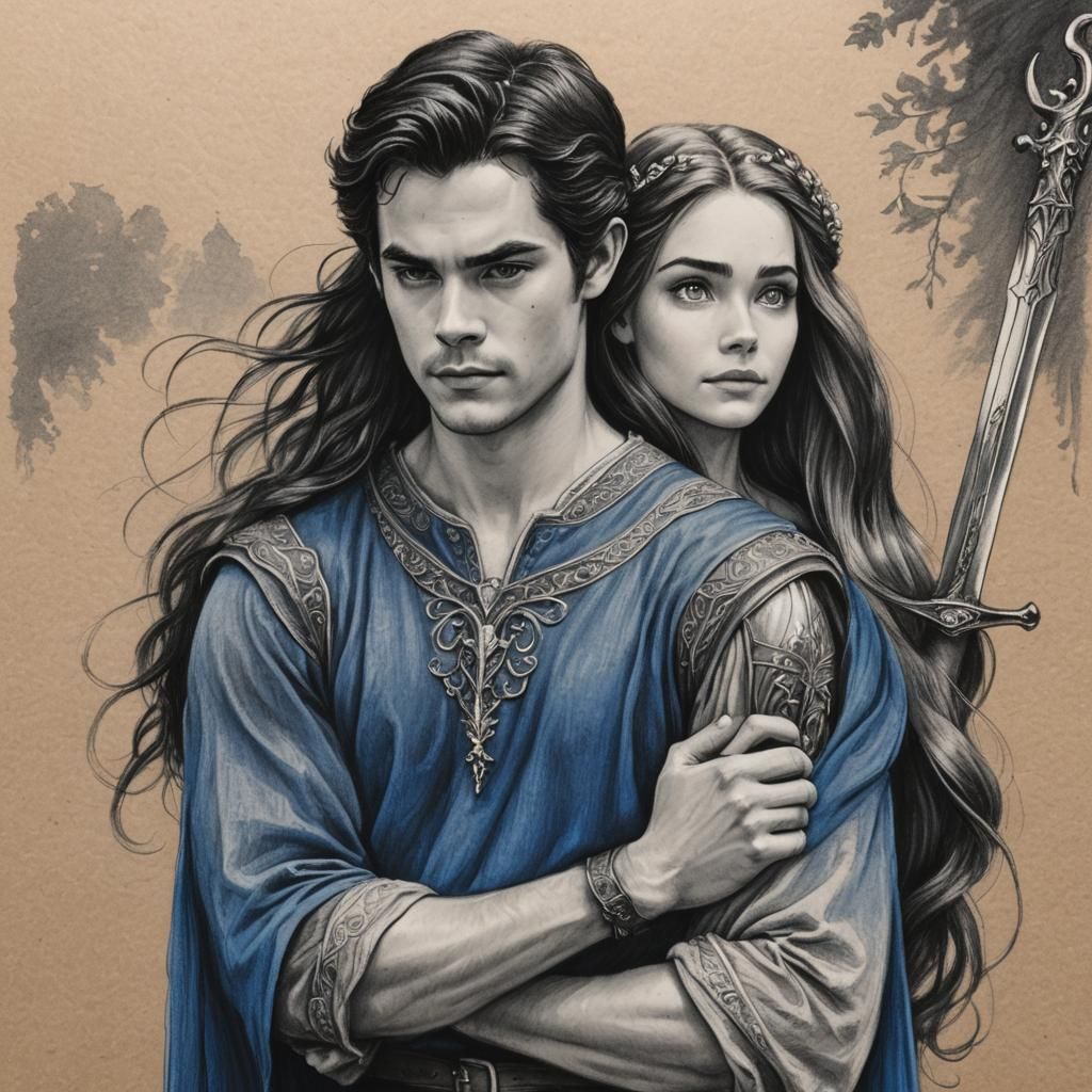 Prince and Princess Embrace: Hyperdetailed Charcoal Drawing