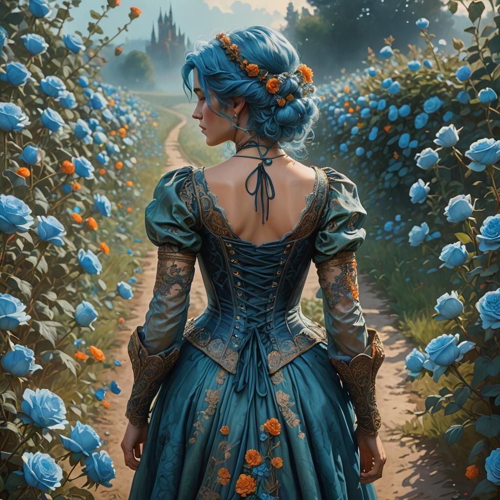 Blue-Haired Woman in Rose Field, Art Nouveau Style
