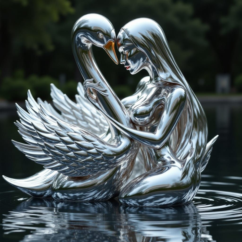 Metallic Maiden Embraces Platinum Swan Over Reflective Lake