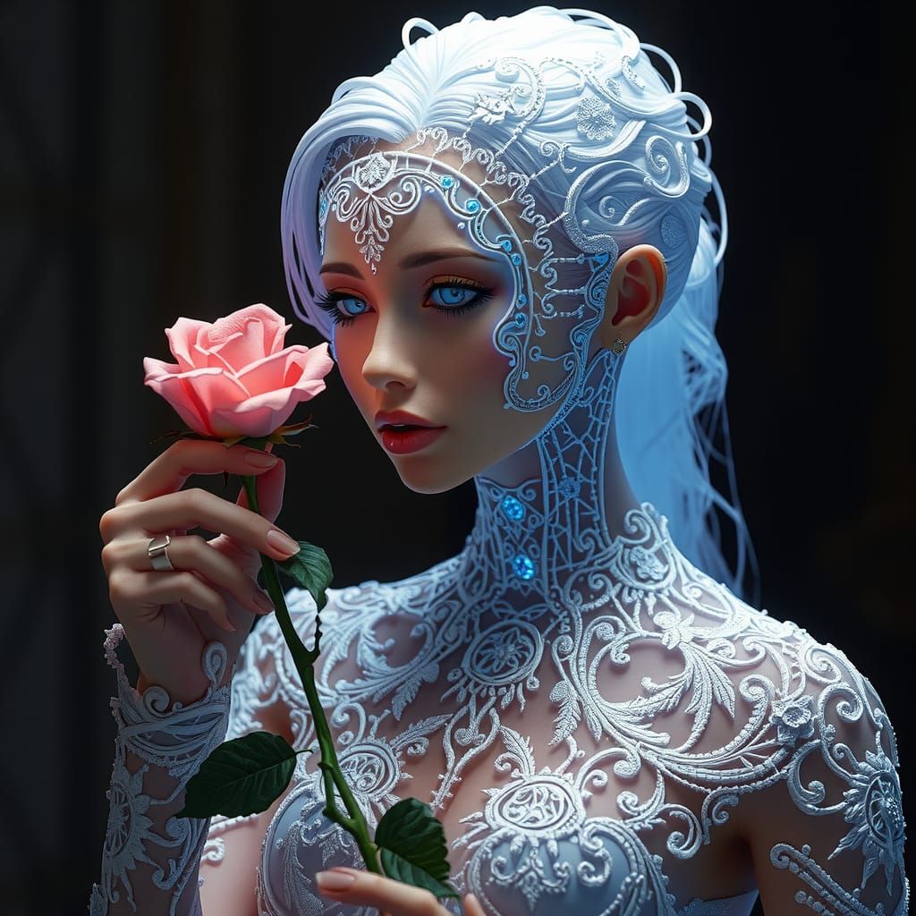 Ethereal Lace Humanoid with Rose: Mystical Cyber-Biological ...