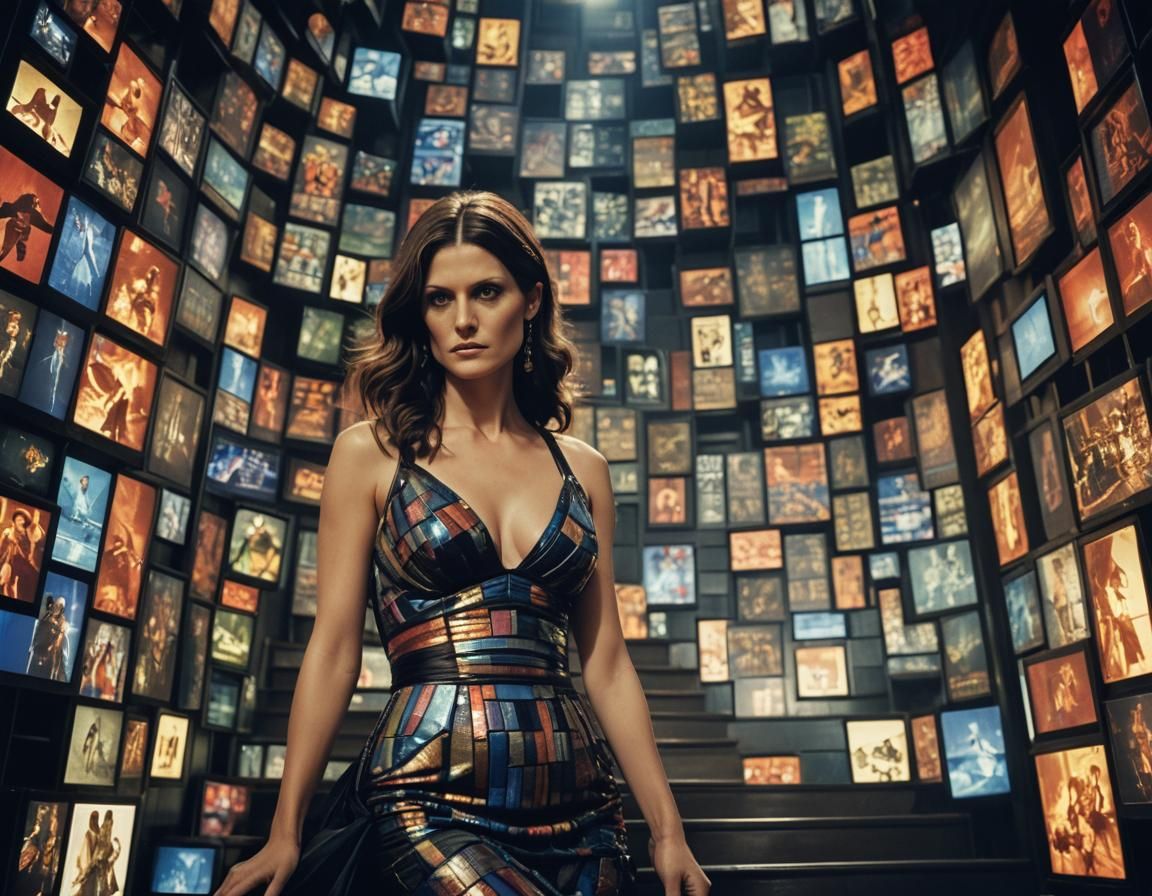 Elegant Woman on Video Game Screen Staircase