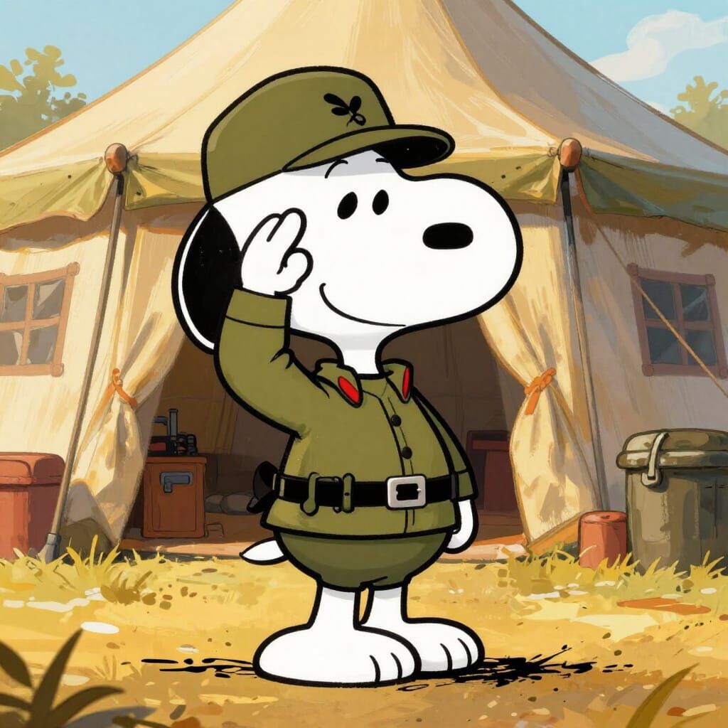 Snoopy in Army Uniform Saluting at Golden Hour