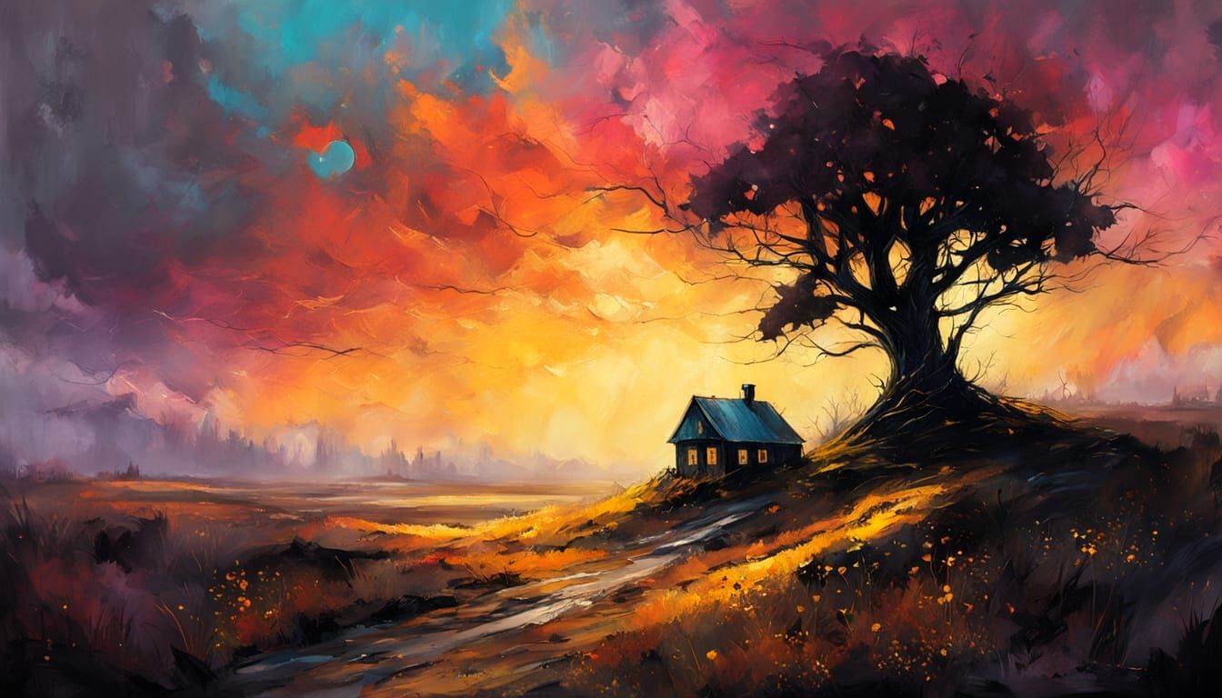 Enchanting Countryside Scene under Crescent Moonlight