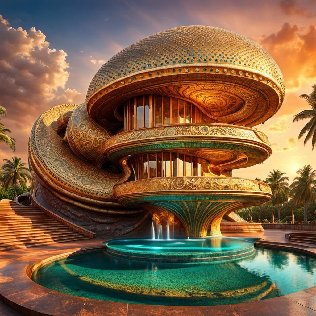 Futuristic Atlantis Sea Snail House in Psychedelic Pointilli...