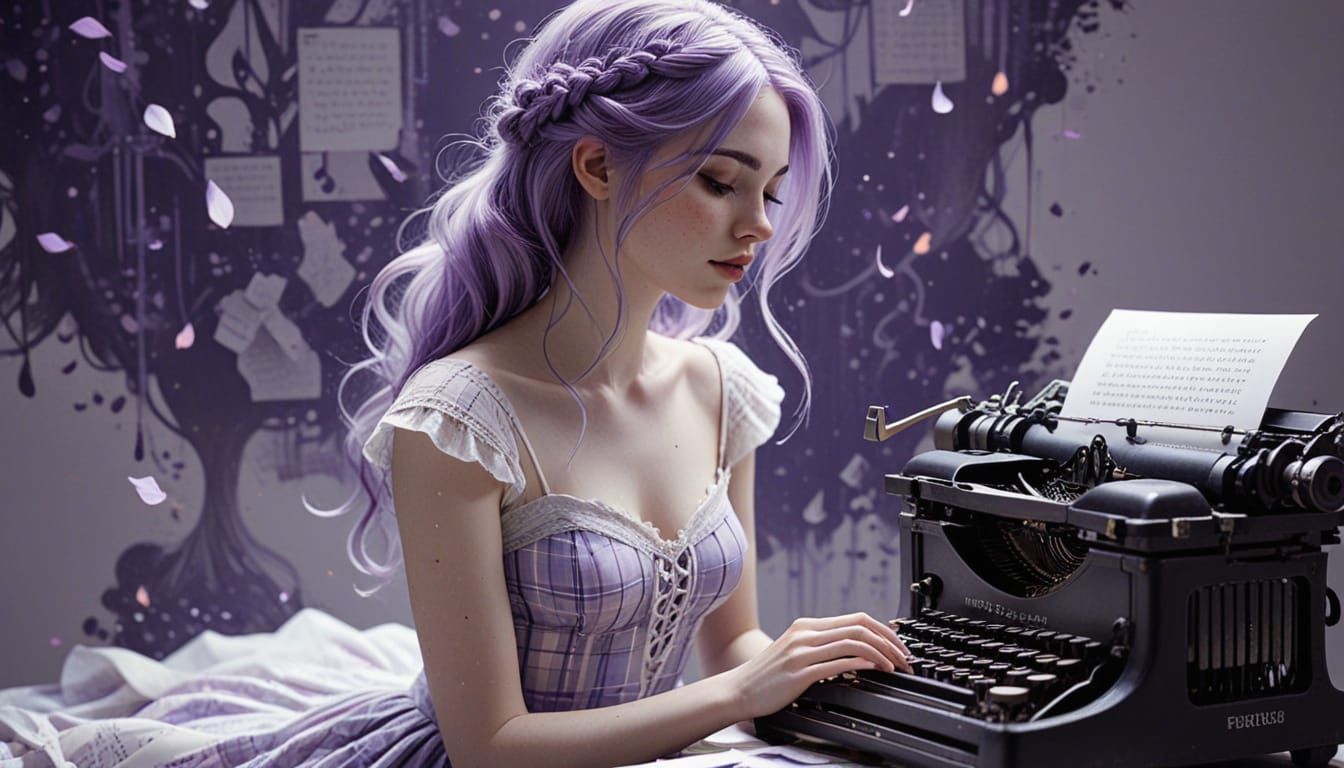 Pop Surrealism Woman Typing with Purple Hair