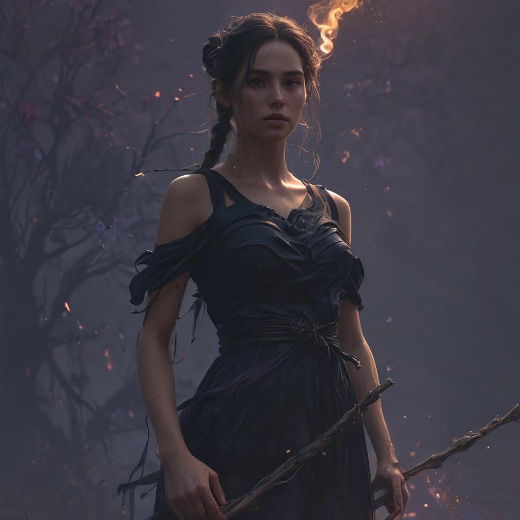Dark Fantasy Girl with Black Magic Stick