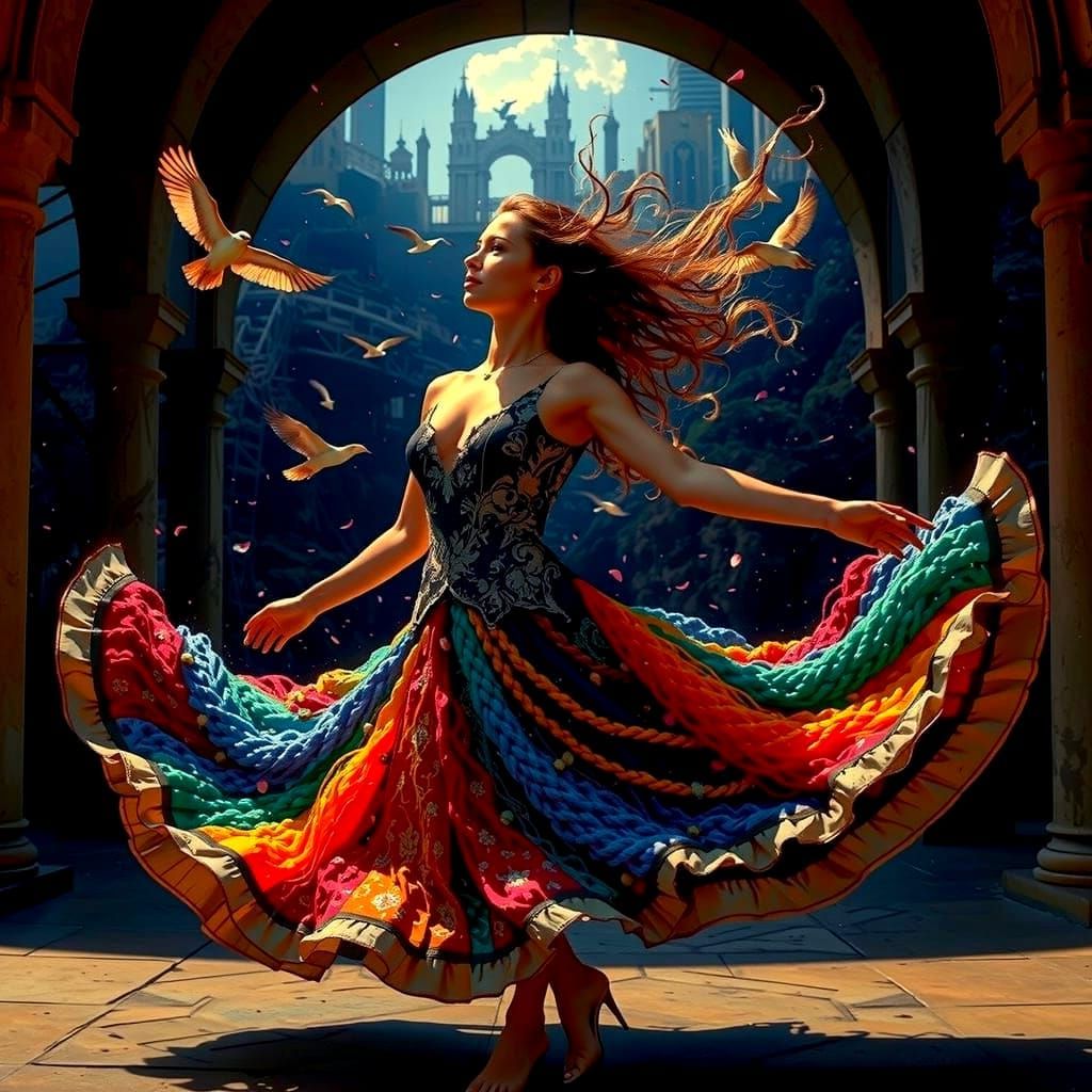 Woman's Transformative Dance: Hyperrealistic Dreamscape
