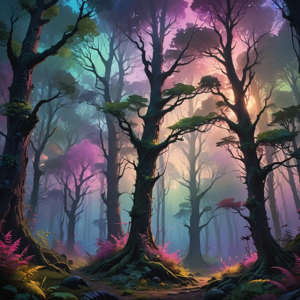 Glowing Forest at Dusk in Triadic Colors