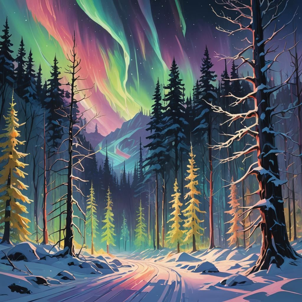 Glowing Aurora Lights Dance Above Frozen Forest
