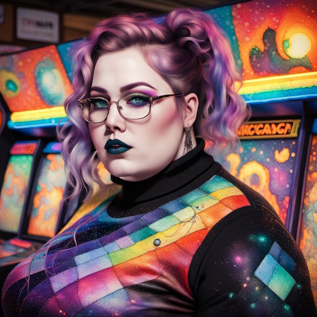 Watercolor of a Goth Punk Woman at an Arcade