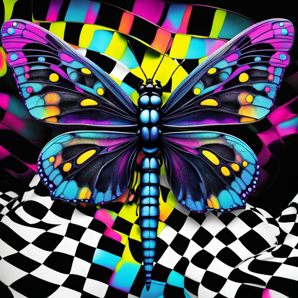Psychedelic Dragonfly-Butterfly Hybrid in Acid Art Style