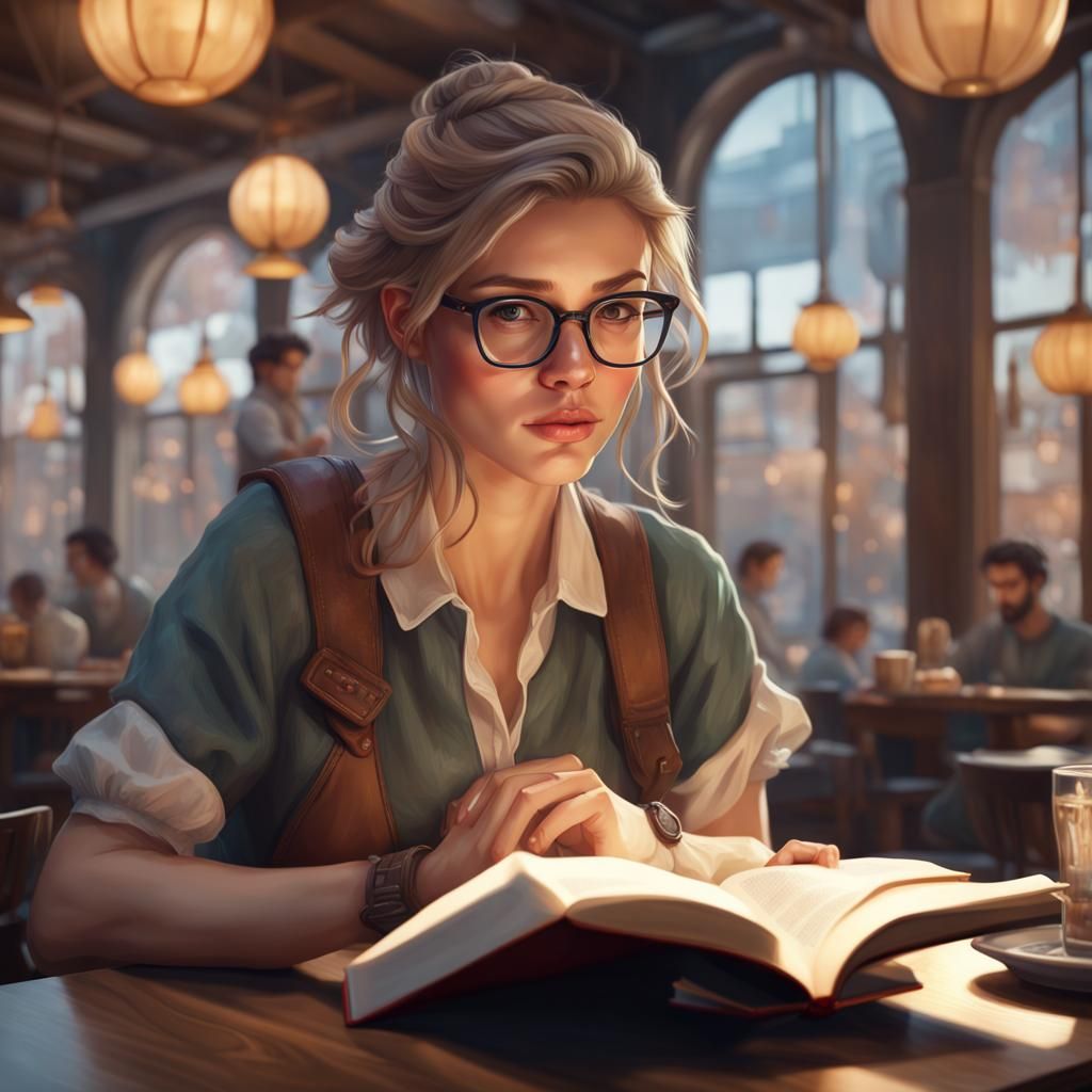 Woman Reading in Cafe: Detailed Digital Art Portrait