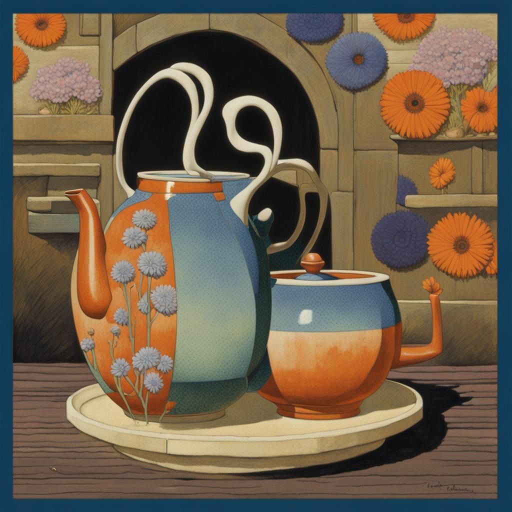 16k resolution, art by Hasui Kawase, Claude Monet, Syd Mead. Eccentric clay pottery in a futuristic, impressionistic gar...