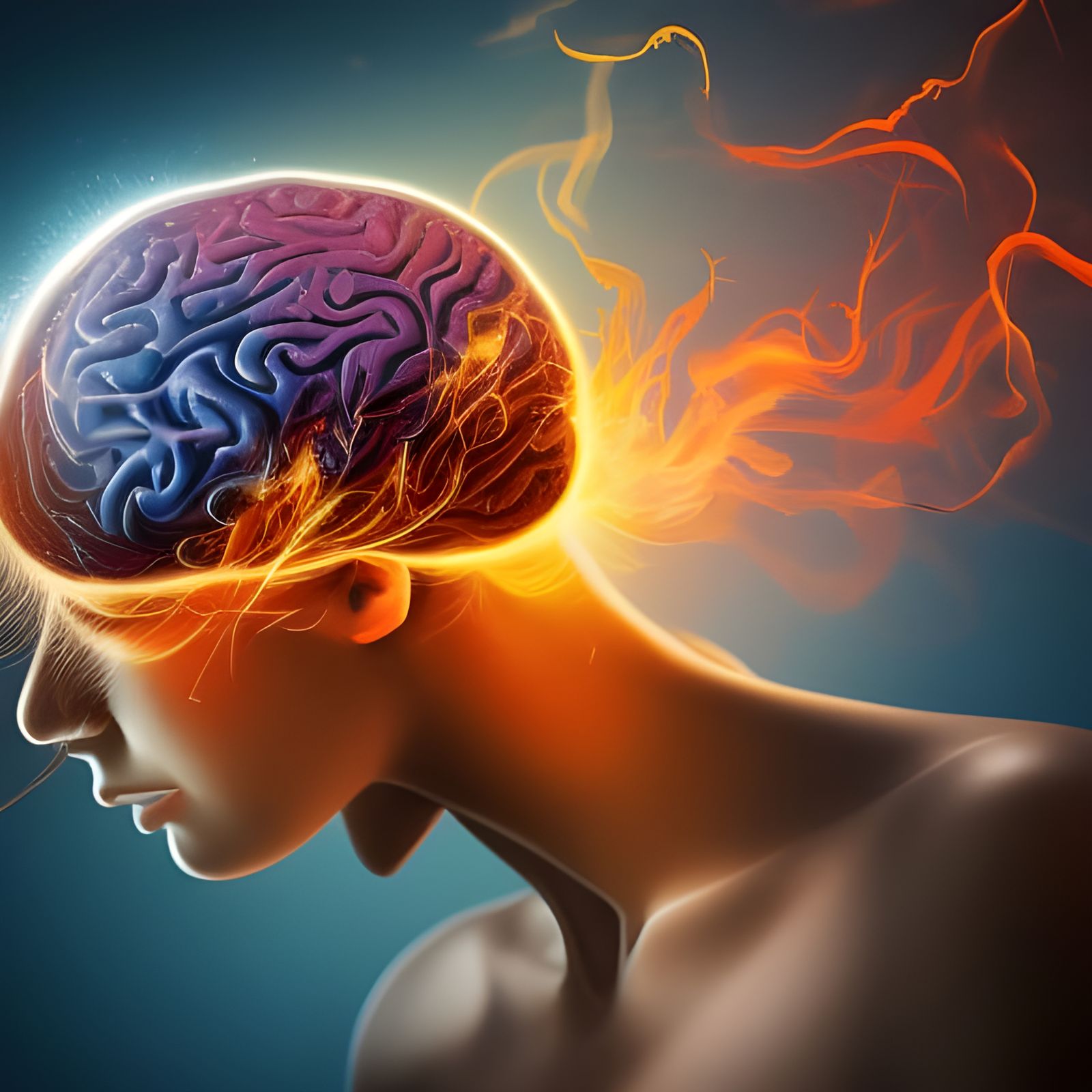 Woman's Brain Exploding into Flames: Hyperrealistic Art